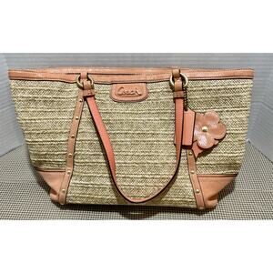 Coach Alex Straw Tote Bag F21959 NWT Natural Coral Leather Trim Gold Studs